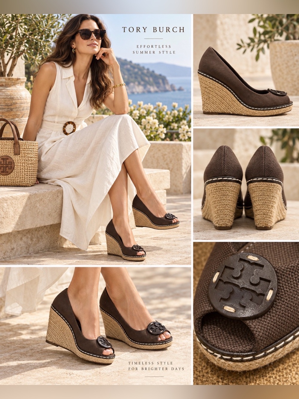 Tory Burch Brown Canvas Espadrille Wedge Peep-Toe with Logo Medallion Size 10